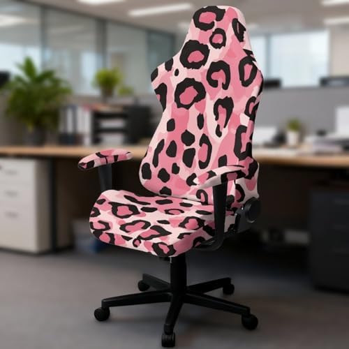 Pink Leopard Print Gaming Chair Cover with Armrest Cover Easy to Install Zipper Design Slipcover Scratch Proof Universal Swivel Desk Chair Protector Washable 4 Pieces