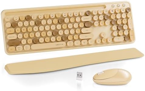 UBOTIE Wireless Keyboard and Mouse Combo, Phone Holder (Milk-Tea)
