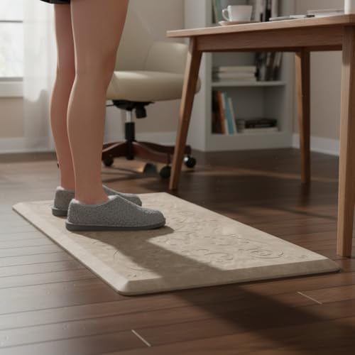 J&V TEXTILES Medallion Embossed Kitchen Mat Cushioned Anti Fatigue Floor Mat, Thick Non Slip Waterproof Kitchen Rugs and Mats, Standing Mat for Kitchen,Floor,Desk,Sink,Laundry, (Beige, 17" X 60")