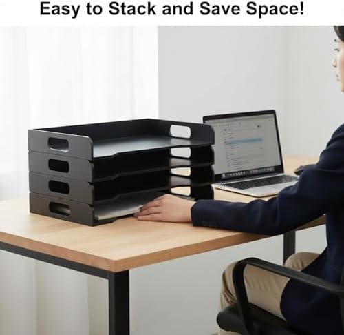 Yinkin Wooden Stackable Paper Trays 4-tier Wooden Paper Organizer for Desk Letter Documents Woodens Desktop File Organizers for Desktop File Holder and Office Supplies Rack for Home Office Use (Black)