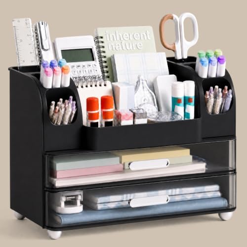 HBlife Desk Organizer with Pencil Pen Holder for Desk, Pen Organizer with 2 Drawers, Desk Organizers and Accessories with Compartments, Desktop Storage for Office, Home, School, Art Supplies, Black