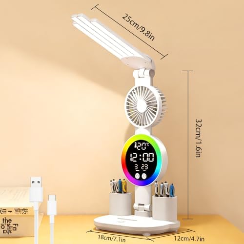6-in-1 Led Desk Lamp Adjustable Foldable Table Lamp with Fan, Clock, Dates, Temperature, Pen Holder, 3 Color & Stepless Dimming, Reading Lamp for Study Table Work Office
