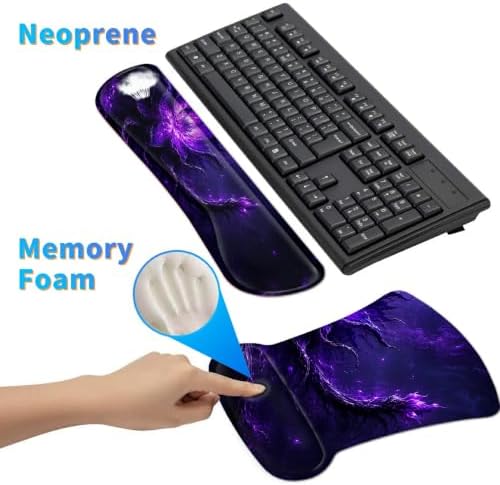 3-in-1 Ergonomic Memory Foam Keyboard Wrist Rest Pad Set, Purple Magic Flower