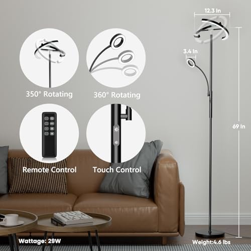 SIBRILLE LED Floor Lamp for Living Room - Modern Standing Lamp with Reading Light, Remote Touch Control Floor Light Dimmable Mother-Daughter Tall Bedroom Lamp for Couch Office, 29W, Black