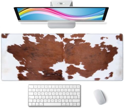 Brown Cowhide Print Gaming Mouse Pad, Extended Large Mouse Mat Desk Pad, Big Computer Keyboard Desk Pad, Stitched Edges Mousepad, 3mm Thick Long Non-Slip Rubber Base Mice Pad, 31.5 X 11.8 Inch