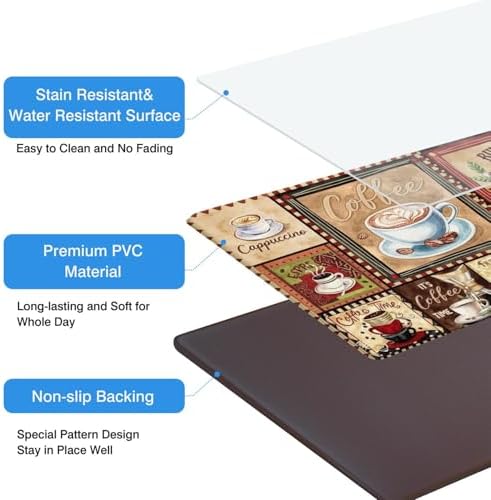 Coffee Anti Fatigue Kitchen Mats, 17.3"x47"+17.3"x29", Brown