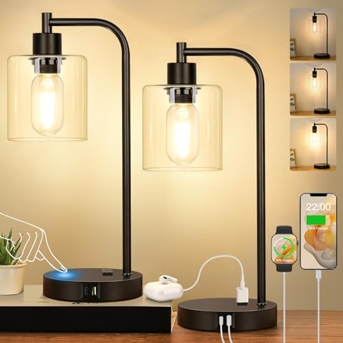 Industrial Touch Control Table Lamps Set of 2 - Black Bedside Lamps with 2 USB Ports and AC Outlet, 3-Way Dimmable Nightstand Desk Lamps for Bedroom Living Room, Glass Shade & 2 LED Bulbs Included