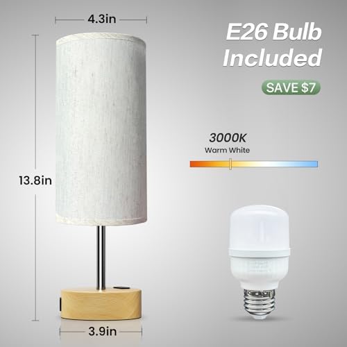 KPQ Bedside Lamp Touch Control Table Lamp with USB A+C Charging Ports & AC Outlet 3-Way Dimmable Nightstand Lamp with Linen Fabric Shade (Beige Shade-Wood Base, 14" Small Size Touch Control)