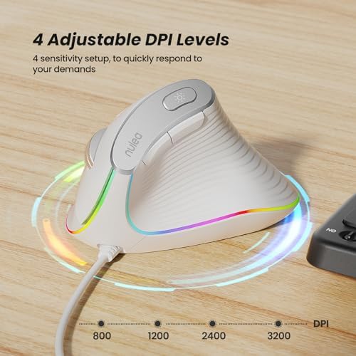 Nulea M504 Wired Vertical Mouse, USB Ergonomic Optical Mouse with 4 Adjustable DPI, 11 RGB Backlight Modes, Compatible for Laptop, PC, Desktop, Mac, White