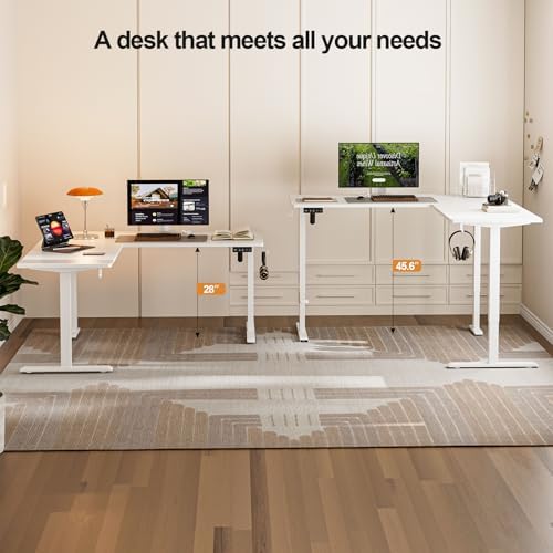 Grandder L Shaped Standing Desk Adjustable Height, Electric Standing Corner Desk, 160 x 140 cm Sit Stand Computer Table with Splice Board, White