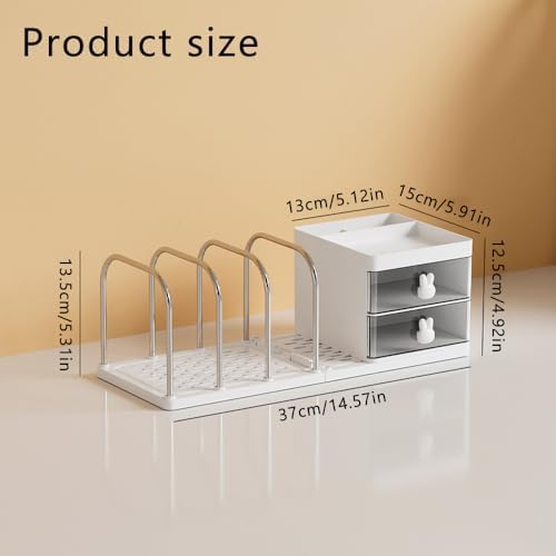 Desk Organizer with Bookends, Desktop Storage Box with 2 Drawers (White)