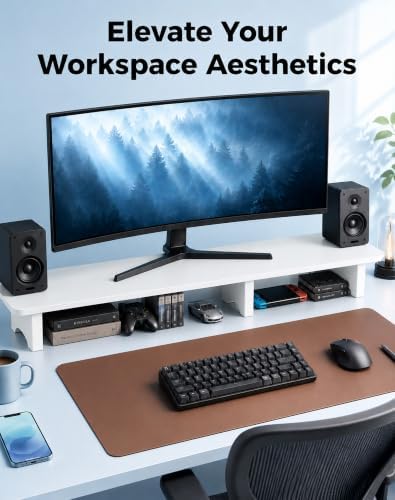 Aothia 43 in White Dual Monitor Stand, Monitor Riser for Desk, Solid Wood