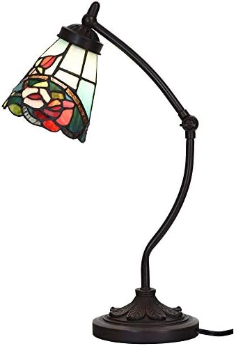Bieye L10759 Tiffany Style Stained Glass Table Lamp Night Light with Swing Arm Base for Working Reading Home Decoration (Rose Flower)