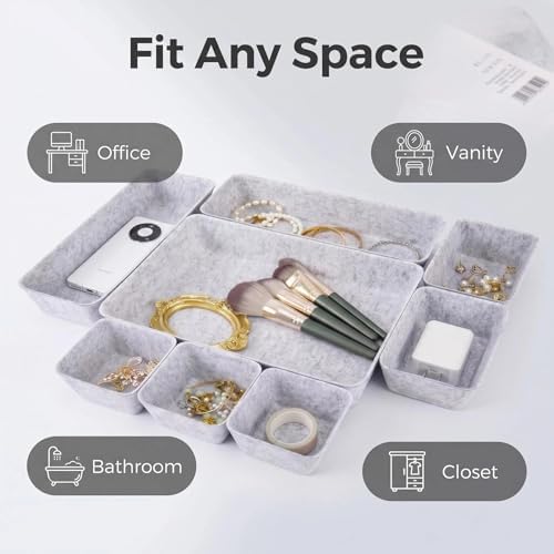 Felt Desk Drawer Organizer, 8pcs Shallow Storage Trays Bins, Office Accessories Box Inserts College Jewelry & Makeup Boxes Containers(Grey)
