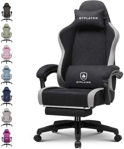 GTPLAYER Gaming Chair Fabric with Pocket Spring Cushion, Big and Tall Gamings Chairs 350LBS High Back Computer Chair with Footrest for Adults Lumbar Support Swivel Game Chair for Office Black
