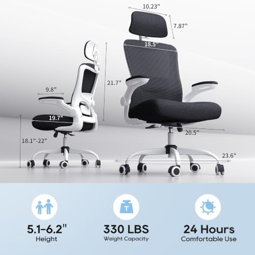 Ergonomic Office Chair for Long Hours, Adjustable Padded Lumbar Support for Lower Back Relief, 330 lb Capacity, Comfortable Computer Desk Chair for Home Office, Work & Study