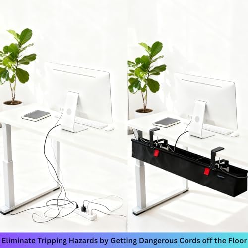 Under Desk Cable Management Tray, 36" Large No Drill Cord Organizer with Easy to Clean Oxford Fabric, Clamp On Power Stripe Holder for Home Office & Gaming Space to Hide Wires