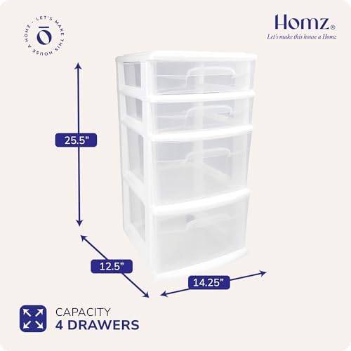 HOMZ Drawer Tower, 4-Tier Storage Cart with Removable Wheels, White Frame