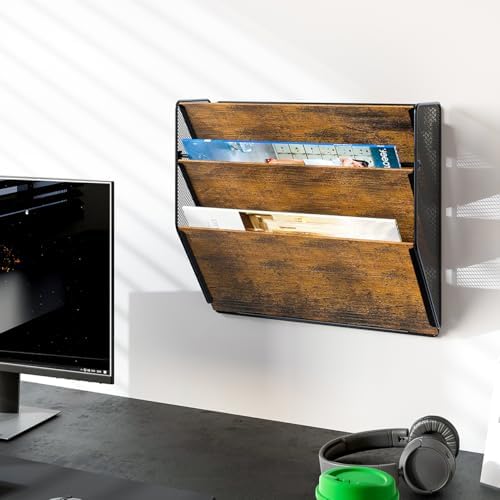 PAG-Mass Wall File Organizer for Office, 3-Tier Rustic Hanging File Holder Wall Storage Rack for Documents/Magazine/Literature/File Folders/Mails/Envelopes, Brown