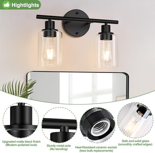 Zarbitta 2-Light Bathroom Light Fixtures, Black Modern Vanity Lights with Clear Glass Shade, Bathroom Wall Lamp for Mirror Kitchen Living Room Hallway Cabinet Porch