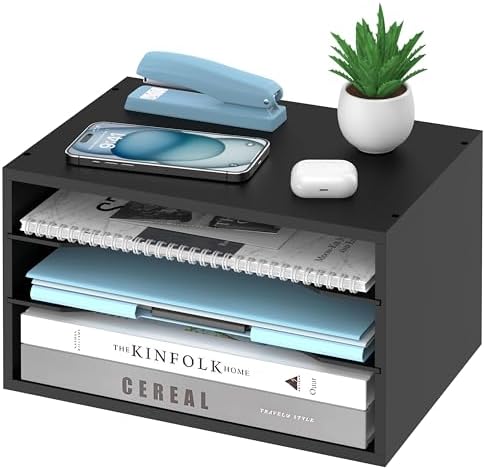 3-Tier Paper Organizer for Desk, Adjustable Mail Organizer, Black