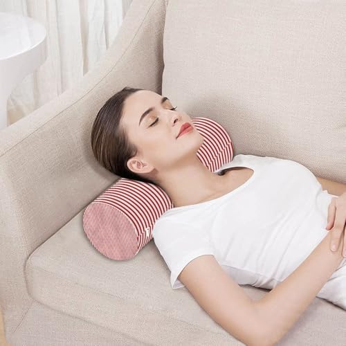 Red White Stripes Neck Roll Pillow - Extra Dense Memory Foam Round Cylinder Bolster for Cervical Support, Spondylosis, Neck Pain Relief