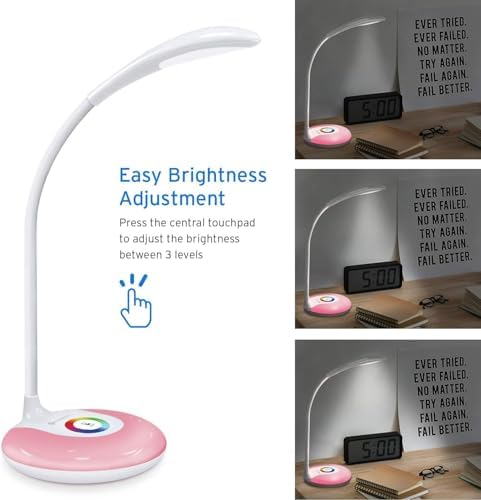 LED Desk Lamp with USB Charging Port, Eye-Caring Table Lamp with 3 Brightness Levels, Touch Control, Adjustable Gooseneck, Color Night Light for Office and Bedroom, Gift for Kids and Families