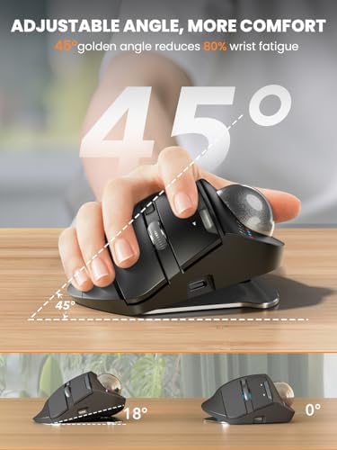 Ergonomic Wireless Trackball Mouse, Rechargeable Adjustable 0°/18° Angle