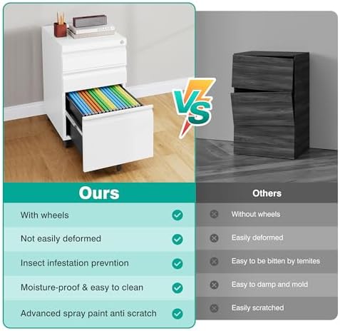 3 Drawer File Cabinet with Lock,Under Desk File Cabinet with Wheels,White Rolling Filing Cabinets,Three Drawer Metal Filing Cabinet for Home Office,Fit A4/Letter/Legal File,- Assembly Required