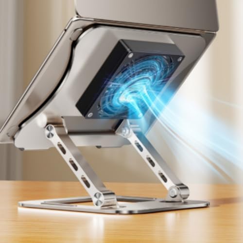 Laptop Cooling Stand Adjustable Desktop Riser Holder with Cooling Fan and Perforated for Stable Use Suitable for Work Study Gaming Office, Gray, Rotatable with Cooling Fan