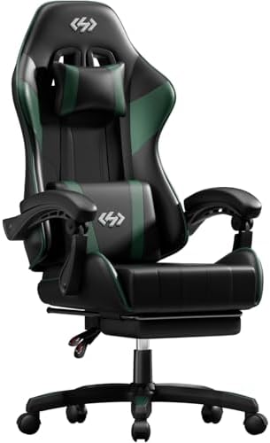 HLDIRECT Gaming Chair with Footrest, Lumbar Support & Headrest, Black&Green
