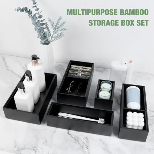 Bamboo Drawer Organizer,5 PCS Black Silverware Tray&Desk Organizers and Storage,Cabinet Divider With Removable Bathroom Organization for Kitchen,Utensils,Junk,Office,Makeup