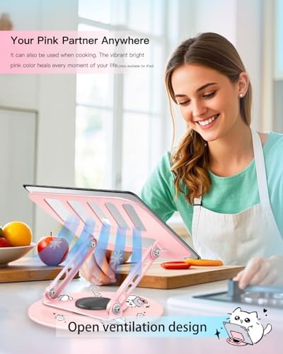 Upgraded Pink Swivel Laptop Stand - 360° Rotating Base & Foldable|Cute Cat Patterns for Healing Vibe|Fits MacBook & 13-15" Laptops|Ideal for Desk Work,Office,Travel,Home,Painting