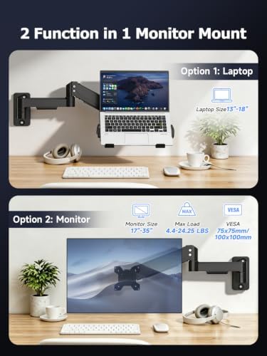 suptek Single Monitor Wall Mount with Laptop Tray for 13 to 18 Inch, Gas Spring Monitor Arm Wall Mount Holds Up to 11KG/24lbs, Full Motion Adjustable,VESA Mount 75x75/100x100mm