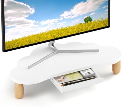 AFOOYO Monitor Stand Riser,Cloud-Shaped Sturdy Wood 16.5In Computer Monitor Riser Wirh Drawer, Multi-Purpose Desktop Organizer Riser for Computer,Laptop,Printer,TV,White