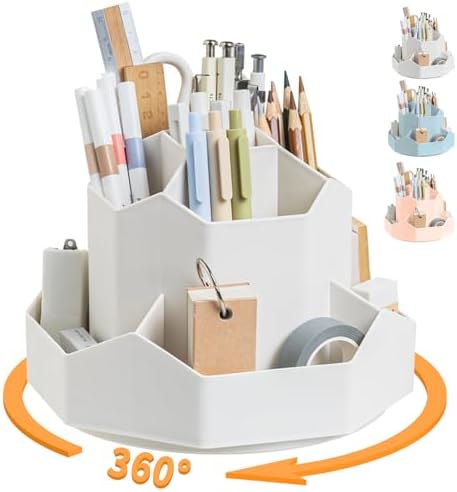 Cayxenful Pencil Pen Holder for Desk,9 Slots 360 Degree Rotating Desk Organizers,Desktop Storage Stationery Supplies Organizer, Cute Pencil Cup Pot For Office, School, Home(White)