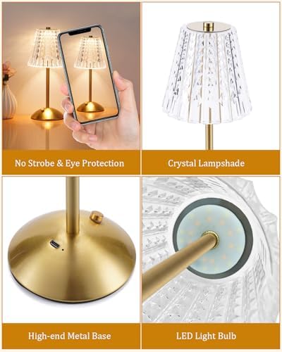 Nusogon 2 Pack Cordless Crystal Table Lamps, Rechargeable Touch Lamp