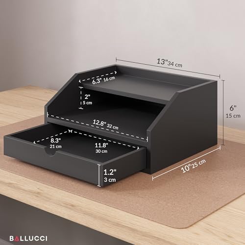 Ballucci Desk Organizer with Drawer, 2 Tier Paper Office Supplies Desk Organizer, 13 2/5" x 9 3/5" x 6", Black