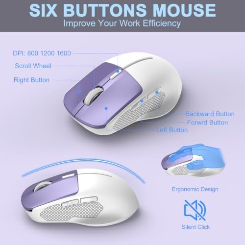 Rechargeable Silent Wireless Keyboard and Mouse Combo, Ergonomic Wrist Rest & Phone Tablet Holder, USB-C Adapter Included, 2.4G Lag-Free Cordless Set for Windows Mac Laptop PC Home Office (Purple)