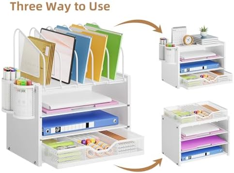 Marbrasse Desk Organizer with Drawer, 4-Tier Wooden File Organizer with 5 Vertical File Holders and 2 Pen Holders, Desk Organizers and Accessories for Home Office - White