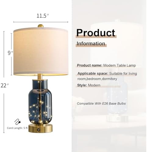 Oneach 22" Glass Table Lamps Set of 2 with LED Nightlight for Bedroom, Blue