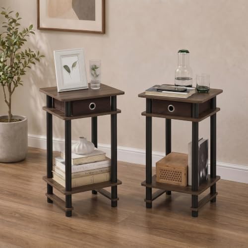 Furinno Turn-N-Tube Set of 2 Toolless 3-Tier Side Table, Brown Walnut