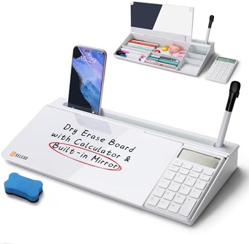 SELEAD Desktop Glass Whiteboard with Calculator & Built-in Mirror, White