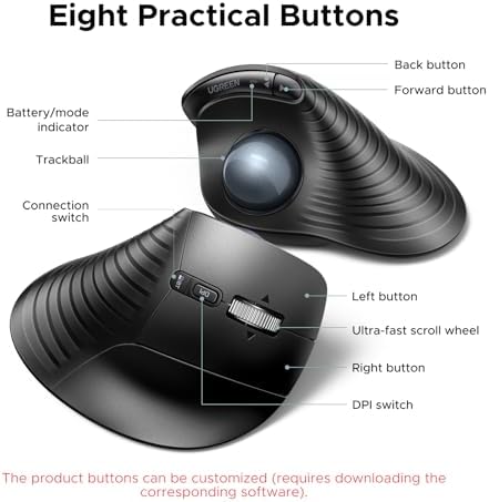 UGREEN M785DR Wireless Trackball Mouse, Bluetooth & 2.4G, Thumb Control
