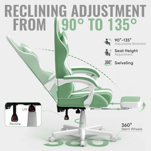 Ferghana Gaming Chairs, Ergonomic Racing Style PC Game Computer Chair with Headrest Lumbar Support Adjustable Recliner PU Leather Video Computer Chair(Light Green)