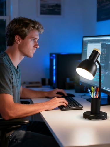 LED Desk Lamp for Home Office, Table Lamp with Pen Holder, 3 Color Modes Reading Light, Eye-Caring Desk Light with Gooseneck, Metal Study Lamp for Dorm Bedside Bedroom (Black Lamp)
