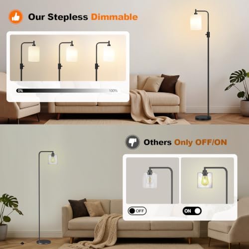【Upgraded】 Dimmable Floor Lamp for Living Room with Opal Glass Lampshade, Black Modern Glass Floor Lamp with 900LM LED Bulb Included, Arc Standing Tall Lamp for Bedroom, Office, Reading Room, Corner