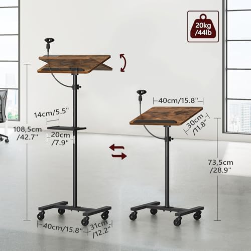 MAHANCRIS Podium Stand with Microphone Stand, Mobile Lectern and Laptop Desk with Storage Tray, 28.9-42.7 Inch Adjustable Height Portable Podium for Classroom, Conference Room, Rustic Brown LPHR4001