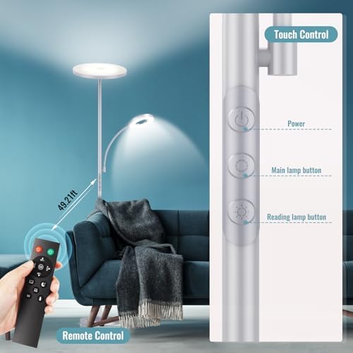 marctronic Silver Gray Floor Lamp, 42W 4000LM Super Bright LED Lamp with Reading Light for Living Room Bedroom Office, Dimmable Standing Lamp with Remote & Touch Control