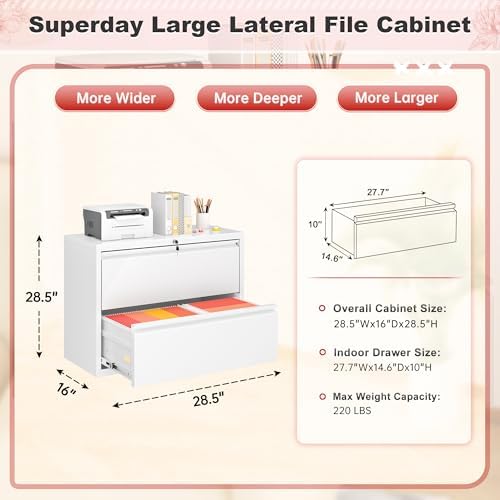 Superday Lateral File Cabinet 2 Drawer Metal File Cabinet with Lock, White Filing Cabinets for Home Office, Locking Filing Cabinets Hanging Files Letter/Legal/F4/A4